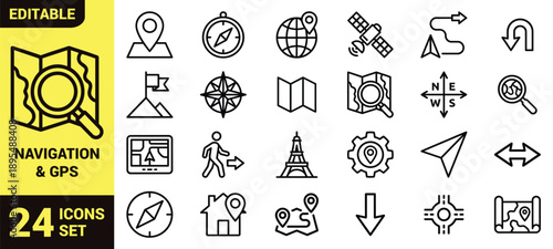 Navigation and GPS icon set with location pin, compass, globe, satellite dish, directional signpost, folded map, and geolocation tracking symbols
