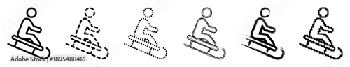 Set of six black sledding icons showing a person on a toboggan in various artistic styles including line art, dashed, dotted, sketch, brush stroke, and pixelated