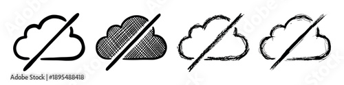 Four black hand-drawn offline cloud icons in a set with various sketch, grunge, and crosshatch textures, symbolizing no connection, unavailable storage, or a data error