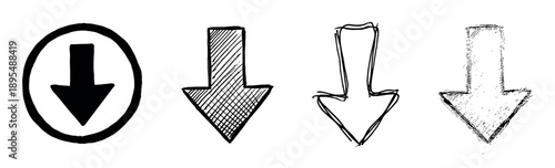 Four hand-drawn black arrow icons pointing down in various sketchy styles, including solid, cross-hatched, outlined, and textured designs for graphic user interface elements