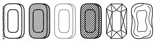 Set of six black and white abstract shapes with various line art patterns including hatching, dots, and geometric facets, presented in a minimalist graphic design style