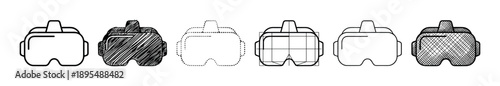 Set of six virtual reality headset icons presented in various graphic styles including line art, scribble, dotted outline, wireframe grid, and crosshatch for technology concepts
