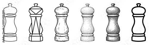 Collection of six pepper mill grinders illustrated in various artistic styles, including line art, sketch, stippling, and cross-hatching for a culinary or kitchen concept