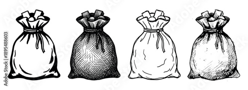 Four hand-drawn money bags illustrated in a black and white sketch style, a set of vintage engravings showing different shading techniques like cross-hatching and line art