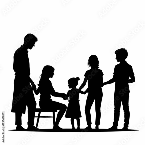 Silhouette of a Family Engaged in Conversation, Capturing the Essence of Togetherness and Communication Amidst a Simple and Unified Background