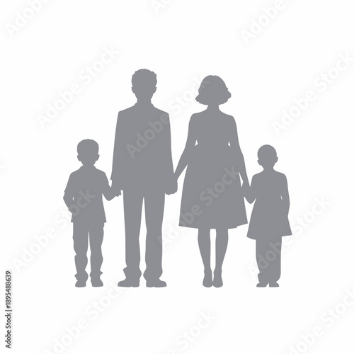 Silhouette of a Family of Four Holding Hands with Parents and Two Children in Front View