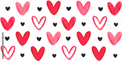 Doodle hearts seamless vector pattern. Hand drawn hearts and dots girly print