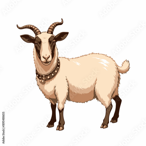 Illustration of a Majestic Goat with Ornate Necklace Standing Proudly Against a White Background