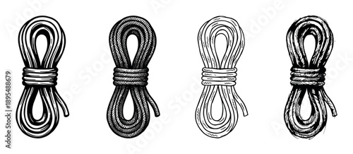 Four coiled ropes in a hand-drawn sketch style illustration set showing different textures and line art techniques for climbing, nautical, or survival themes
