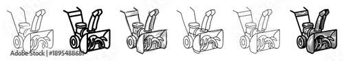 Six snow blower machine illustrations in a collection of different graphic styles including line art, sketch, dotted outline, and bold woodcut
