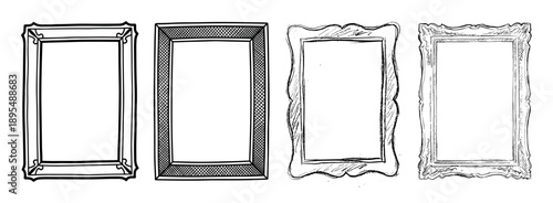Four decorative hand-drawn picture frames presented as a collection of various vintage, ornate, and simple border designs in a black and white sketchy illustration style