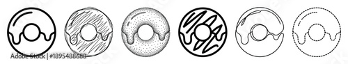 Set of six black and white donut icons showcasing various artistic styles including line art, sketch, stippling, continuous line, and dashed outline for graphic design