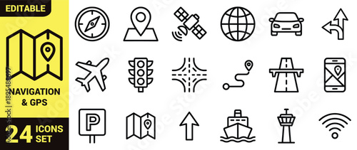 Navigation and GPS icon set with location pin, compass, globe, satellite dish, directional signpost, folded map, and geolocation tracking symbols