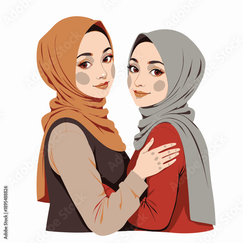 Elegant Illustration of Two Hijab-Wearing Women Embracing with Graceful Expressions and Fashionable Modest Clothing in Soft Pastel Tones