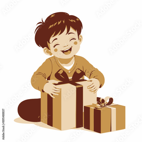 Joyful child eagerly opening beautifully wrapped presents with colorful ribbons, expressing excitement and happiness over surprises and gifts on a special occasion