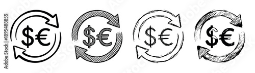 Hand-drawn currency exchange icons set with dollar and euro symbols in various doodle styles, representing financial transactions, conversion, and global trade