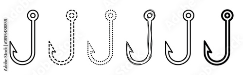 Set of black fishing hook icons with various outline styles including solid, dashed, dotted, and hand-drawn sketch for angling and sport fishing concepts