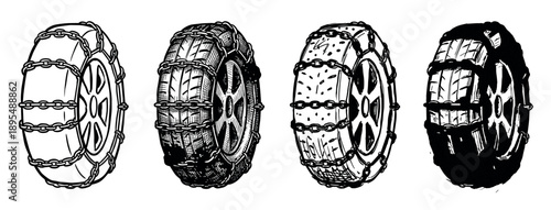 Four black and white car tires with snow chains in a hand-drawn illustration set showing different graphic styles from outline to detailed hatching and solid silhouette