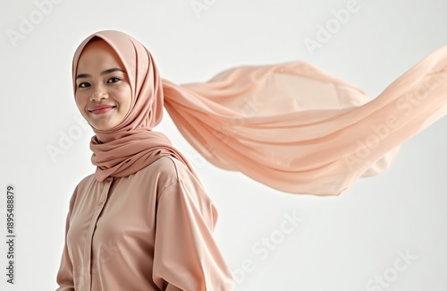 Young muslim woman wears peach hijab and dress. Fabric flows dynamically against plain background. Represents faith, fashion, and modest beauty.