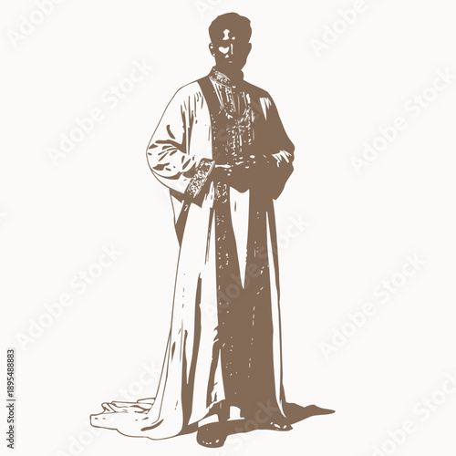 Elegant Traditional Attire with Gold Embroidery Showcasing Intricate Patterns Worn by a Person in Full-Length View Standing on a White Background