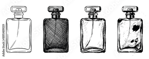 Four rectangular perfume bottles in a set, hand-drawn in a black and white ink sketch style with various textures from clean line art to messy cross-hatching