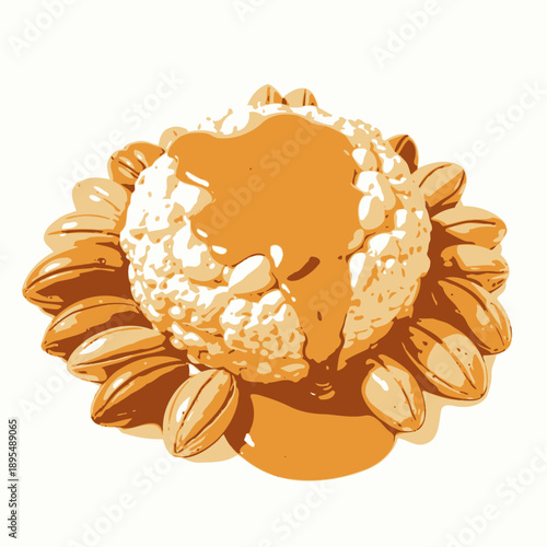 Artistic Arrangement of Creamy Cheese with Pecans Drizzled in Rich Amber Maple Syrup for a Sumptuous Gourmet Delight