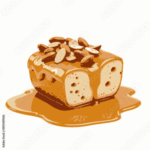 Delicious Sponge Cake Topped with Almonds and Drizzled with Rich Caramel Sauce on a White Background for a Sweet Culinary Delight