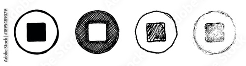 Four hand-drawn black and white icons showing a progression from a clean solid shape to a distressed grunge texture, featuring a square inside a circle in a sketchy style