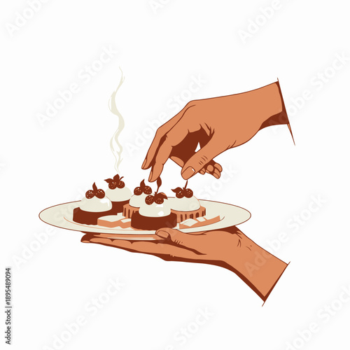 Illustration of a Hand Holding a Plate of Delicious Miniature Cheesecakes with Cream, Berries, and Mint, Capturing a Tempting Dessert Presentation