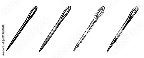 Set of four hand-drawn sewing needles in different artistic styles, including silhouette, hatching, stippling, and sketch for craft and tailoring concepts