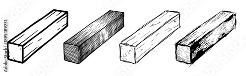 Four hand-drawn wooden beams in different sketch styles showing various textures and shading techniques, a black and white graphic illustration set for design or construction concepts