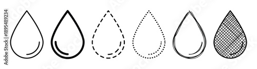 Collection of six black water drop icons presented in a row, featuring different minimalist line art styles like solid, dashed, dotted, sketched, and hatched