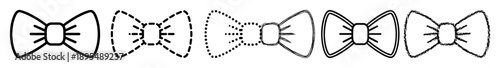 Set of six black bow tie icons with different outline styles including solid, dashed, dotted, sketchy, double line, and chalk texture for graphic design elements