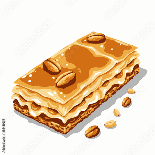 Delicious Layered Pastry with Caramel Glaze and Nuts on a Light Background Showcasing Sweet Dessert Elegance and Texture.