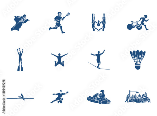 Collection of blue sports and action on a white background