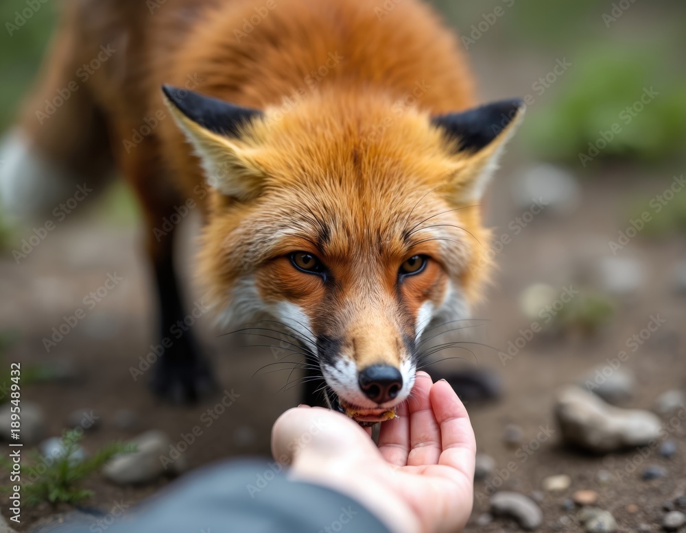 Fototapeta premium A person feeds a wild red fox by hand in a natural outdoor setting. The animal cautiously takes food from an outstretched palm, demonstrating an interaction between human and wildlife.