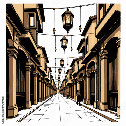 Charming lantern-lit street with traditional architecture, long pathway, inviting evening ambiance, decorative lights creating picturesque atmosphere