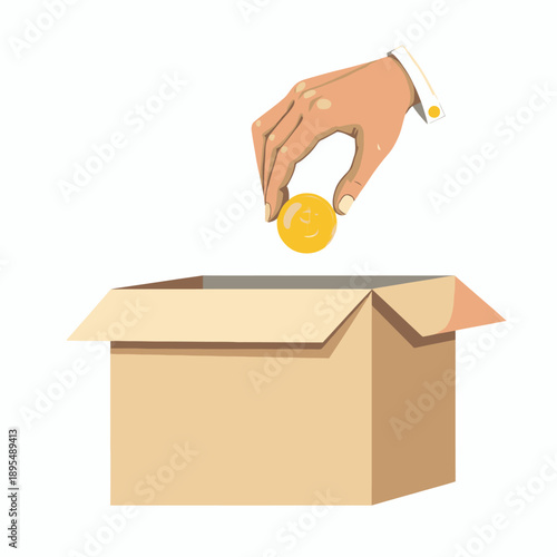 Illustration of hand placing a coin into an open cardboard box symbolizing donation, charity, savings, or financial contribution concept on a white background