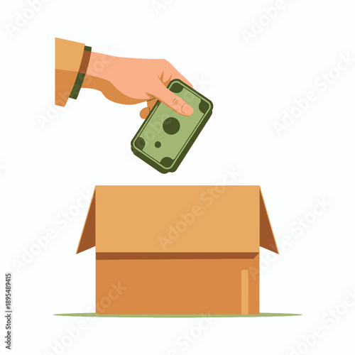 Hand Places Cash into Cardboard Box as Symbol of Donation or Contribution Concept on White Background