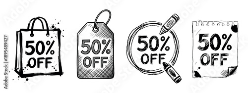Set of four hand-drawn 50% off sale icons in a sketchy black and white doodle style, featuring a shopping bag, price tag, crayon circle, and a paper note for promotions