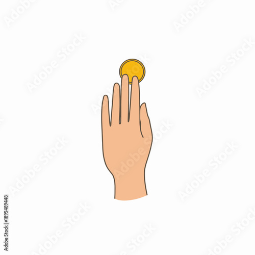 Illustration of a hand holding a shiny gold coin floating against a minimalistic white background, symbolizing wealth, finance, and monetary concepts