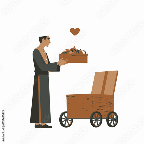 Illustration of a man in traditional attire placing a box of fresh fruits into a wooden wheeled cart, symbolizing care and nourishment