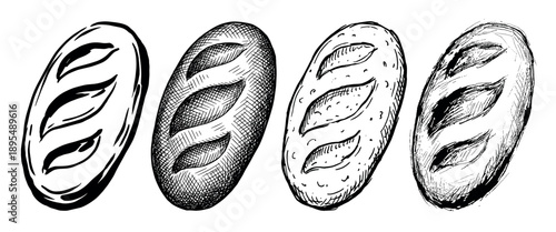 Four hand-drawn black ink bread loaves showing different artistic sketch styles from simple outline to detailed cross-hatching and rough grunge texture for a bakery menu