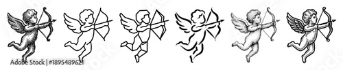 Set of six black Cupid illustrations with a bow and arrow, showcasing various artistic techniques including engraving, line art, brush stroke, geometric, and pointillism