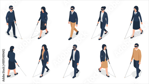  Visually Impaired People with White Cane Isometric Vector Set.