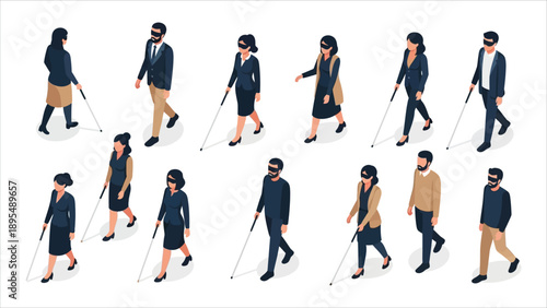  Visually Impaired People with White Cane Isometric Vector Set.