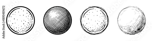 Set of four hand-drawn black circles with different textures like stippling and cross-hatching, presented as a collection of graphic design elements in a sketchy, monochrome style