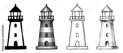 Set of four hand-drawn lighthouse illustrations in various artistic styles including silhouette, ink sketch, line art, and cross-hatching for nautical and maritime themes