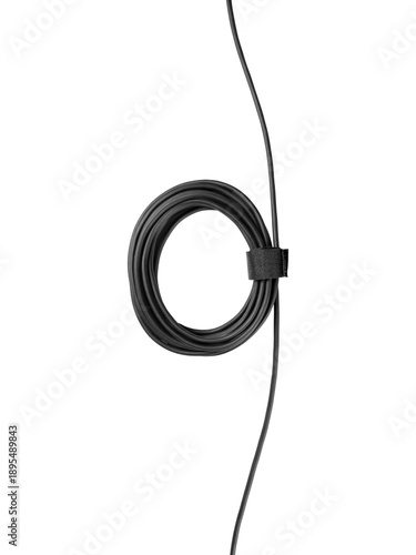 Coiled black USB cable with hook-and-loop tie is isolated.