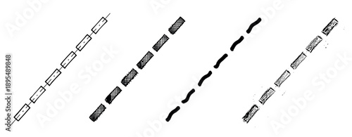 Set of four hand-drawn dashed lines in various styles, including clean, cross-hatched, wavy, and sketchy textures, creating a collection of graphic design elements